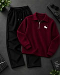 Premium Ribbed Quarter-Zip Sweatshirt & Trouser – Burgundy & Black